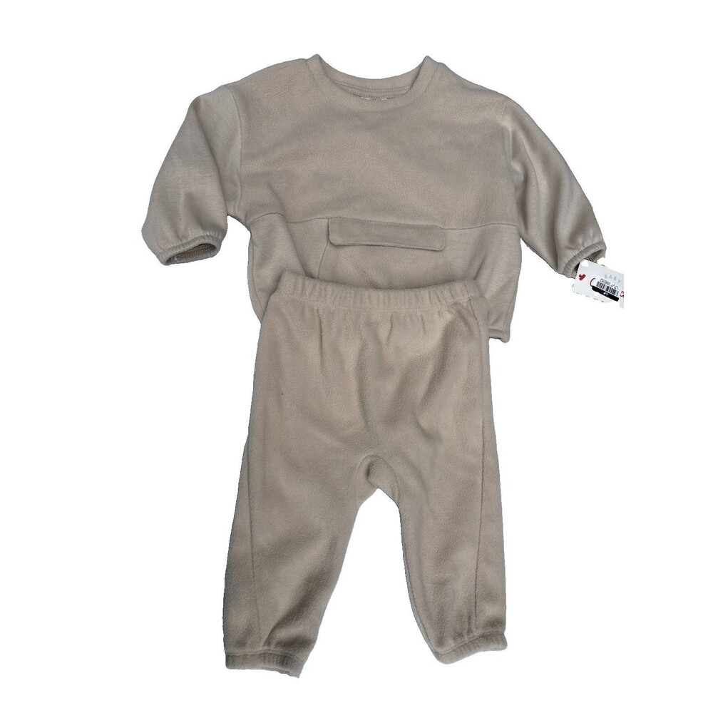 Cat & Jack Outfit Set Baby Boys 12 Months Beige Fleece Sweatshirt Pants 2 Piece